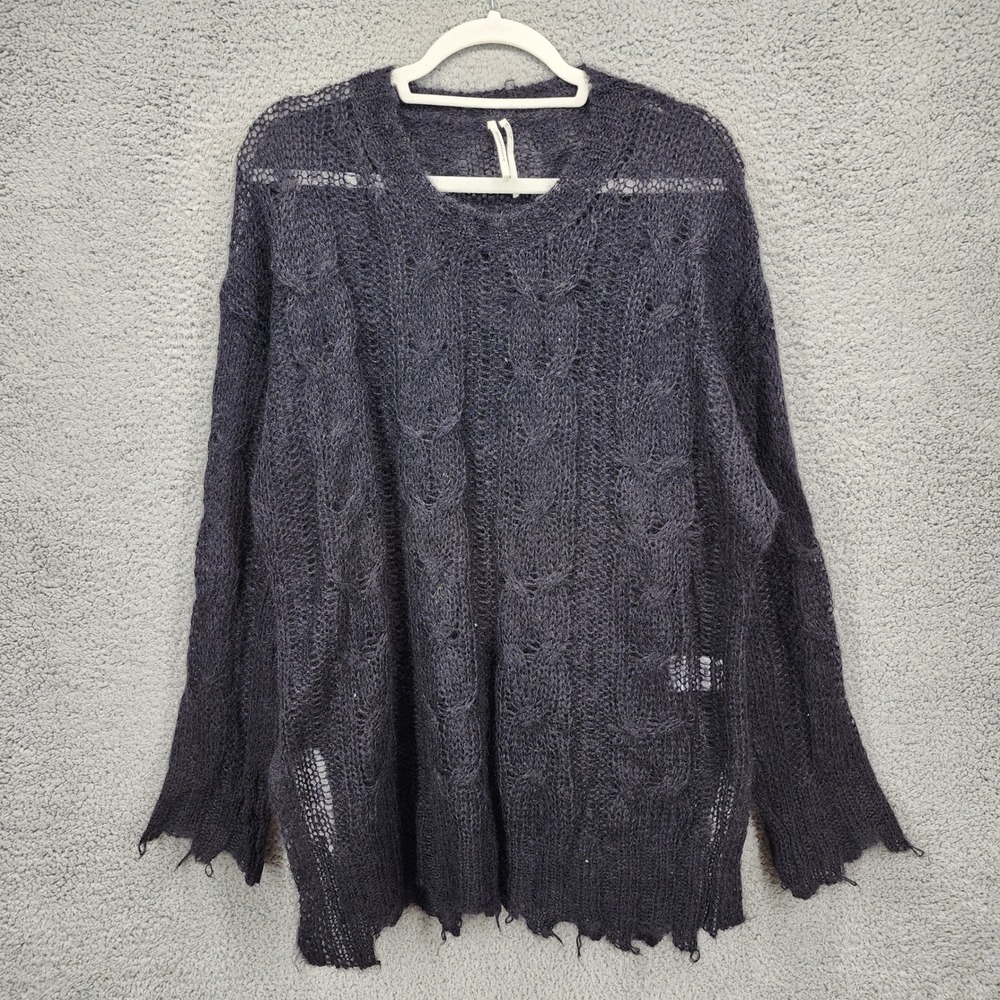 Anthropologie Charcoal Grey Wool Blend Distressed Cable Knit Sweater Italy M